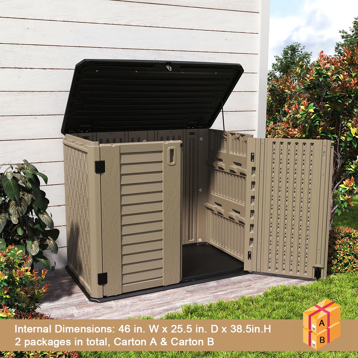 KINYING Outdoor Storage Shed - Horizontal Storage Box Waterproof for Garden, Patios, Backyards, Multi-Opening Door for Easy Storage of Garbage Cans, Tools, Lawn Mower, 26 Cubic Feet,Brown