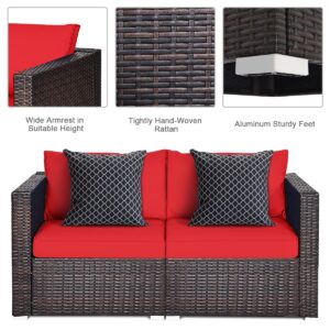 RELAX4LIFE 2-Piece Patio Rattan Loveseat - Sectional Corner Sofa Set w/Removable Cushions & Pillows, All Weather Furniture Set for Porch, Poolside, Balcony, Yard, Outdoor Wicker loveseat (Red)