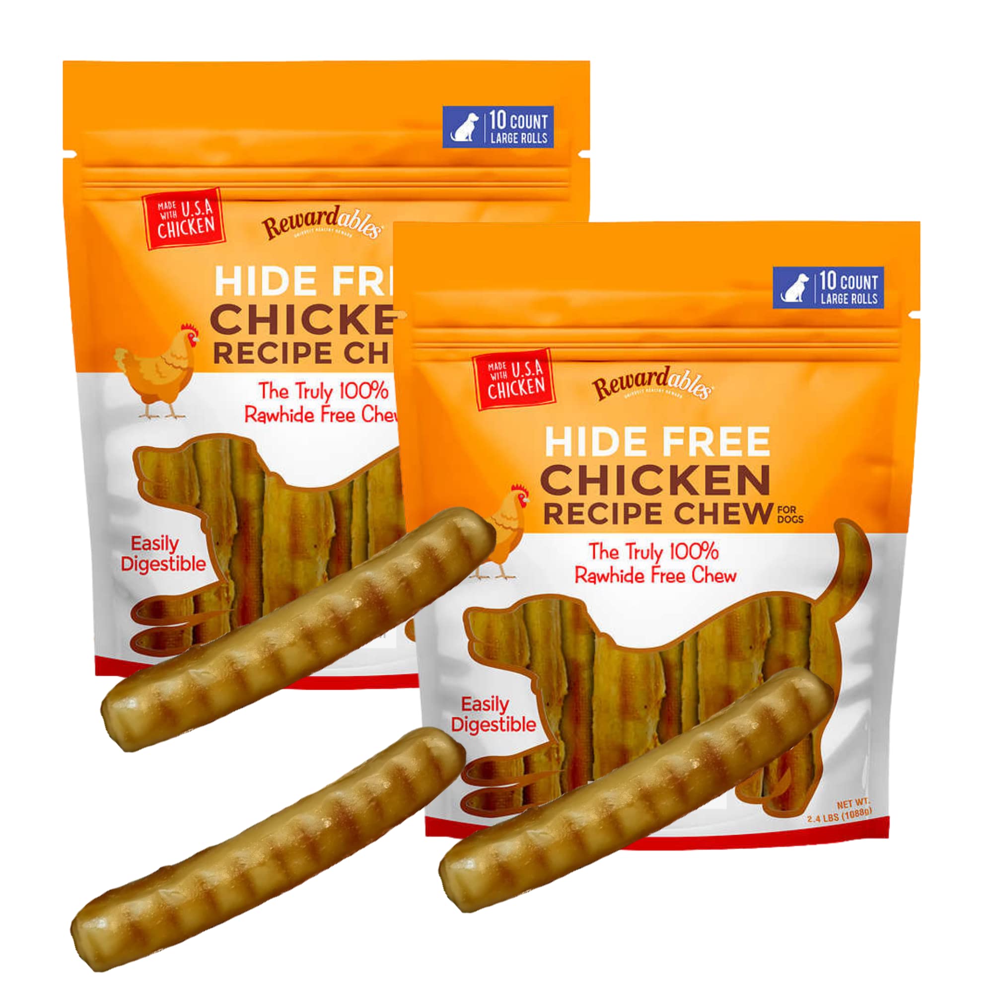 P2P Hide Free Chicken Recipe Chew for Dogs, 100% Rawhide Free Chews, Natural Dog Treats, Easily Digestible Large Rolls, Dental Sticks Pet Food Supplies, 2.4 Lb Bags(2 Pack)