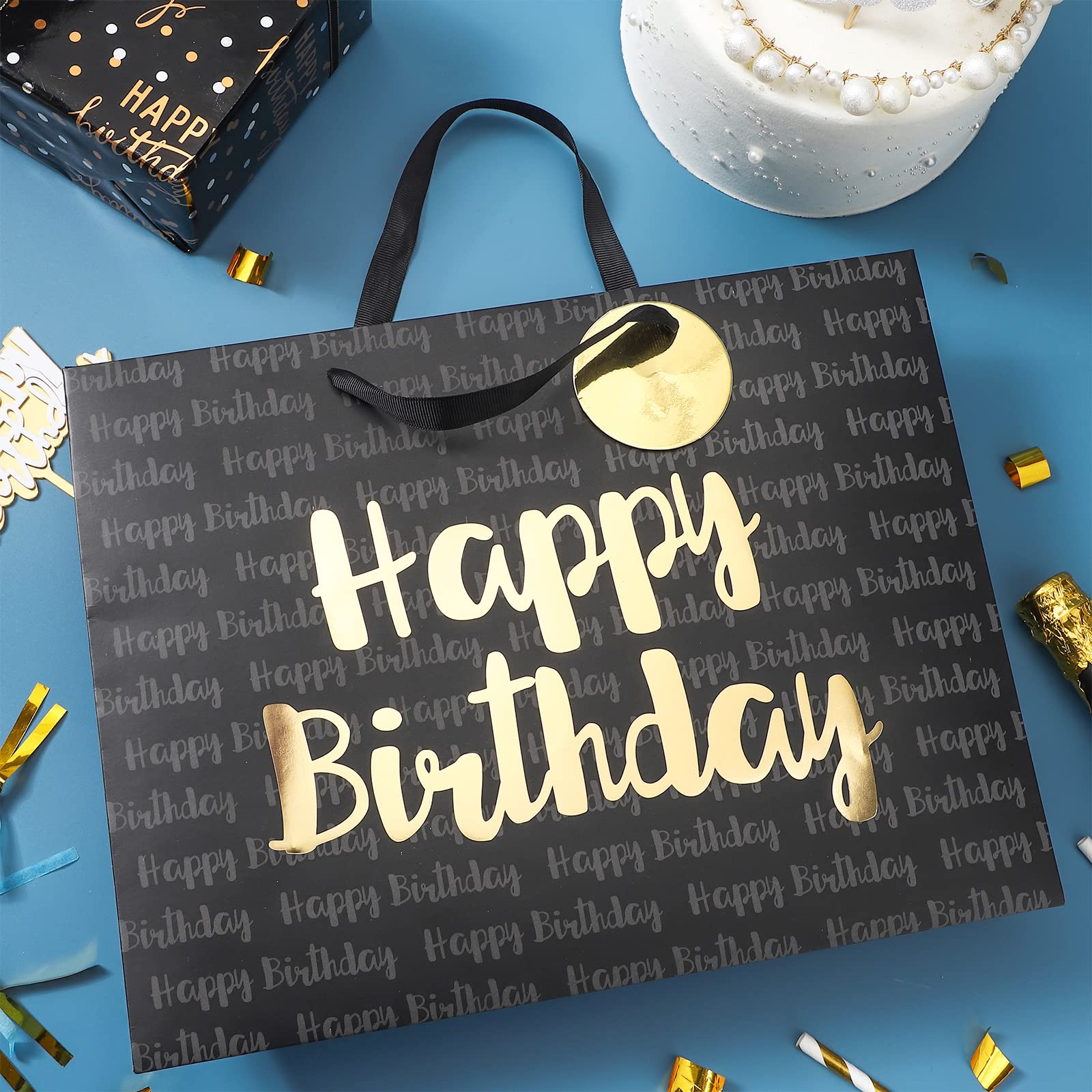 Loveinside Black and Gold Birthday Gift Bag with Tissue Paper for Birthday, Baby Shower, Party, and More - 13" x 5" x 10", 1 Pcs