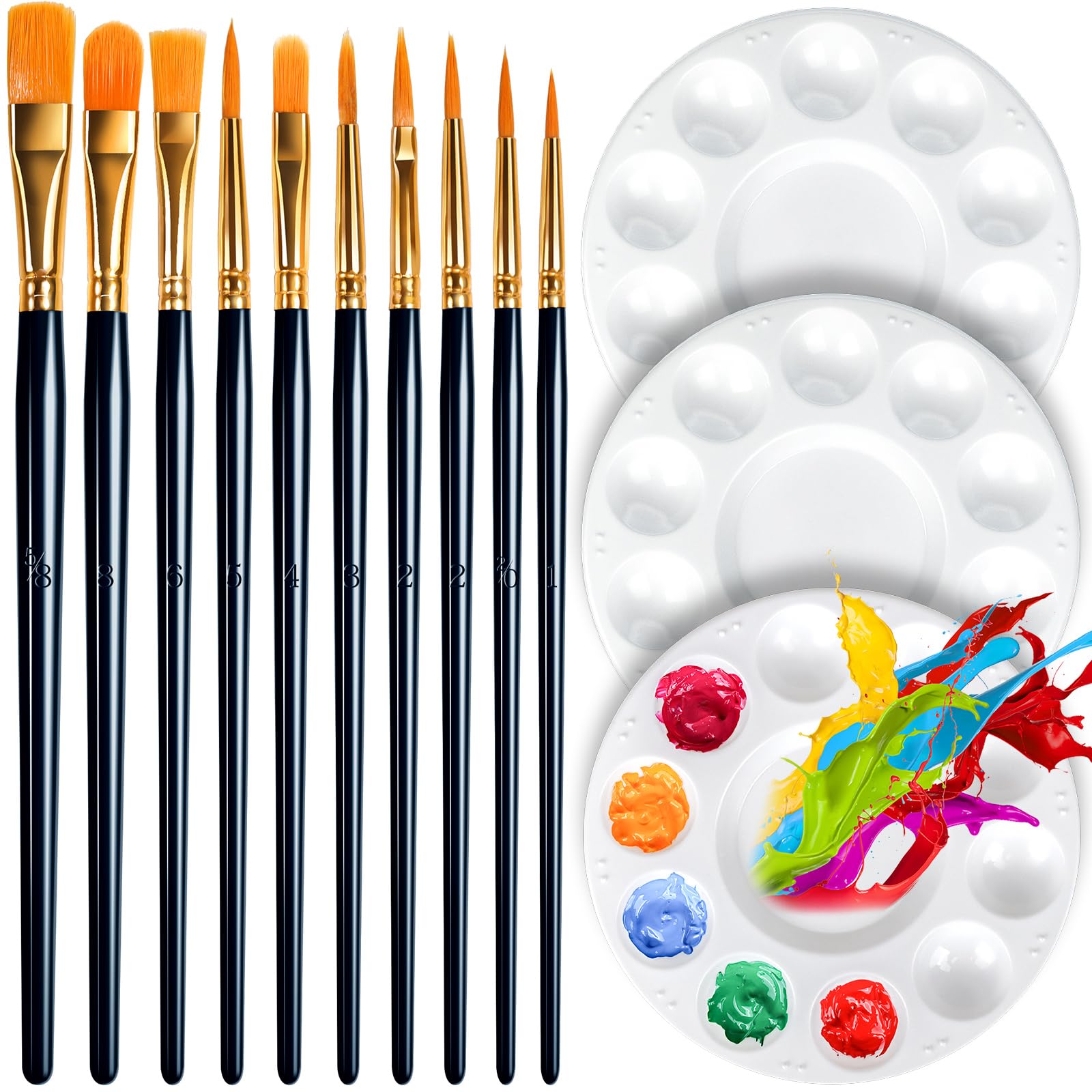 FANDAMEI Round Paint Tray Palettes and Paint Brushes Set, Paintbrushes, 3 PCS Plastic Paint Palettes Pallets, 10 PCS Acrylic Paint Brushes, Nylon Hair Painting Brushes, for Acrylic Oil Watercolor