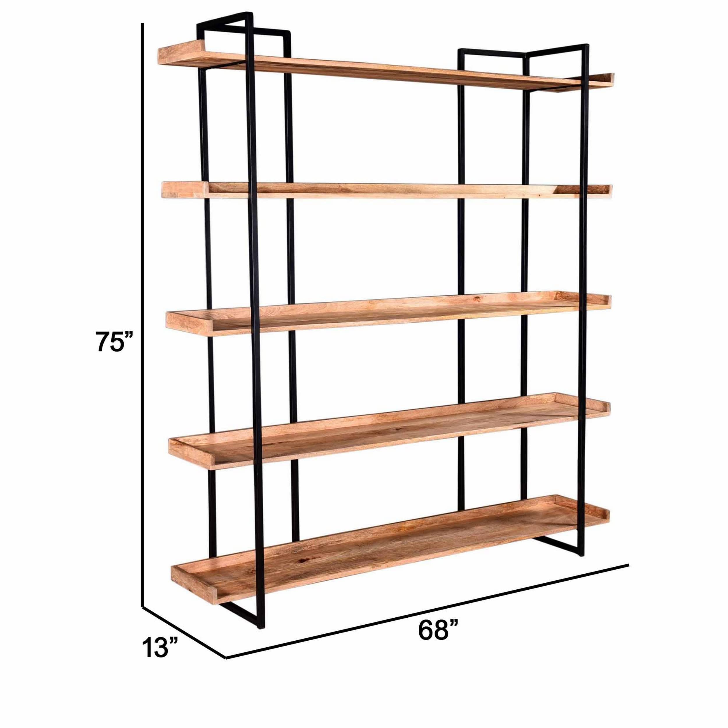 Benjara 68 Inch Wide Bookshelf, Reclaimed Mango Wood Shelves, Black Metal Frame