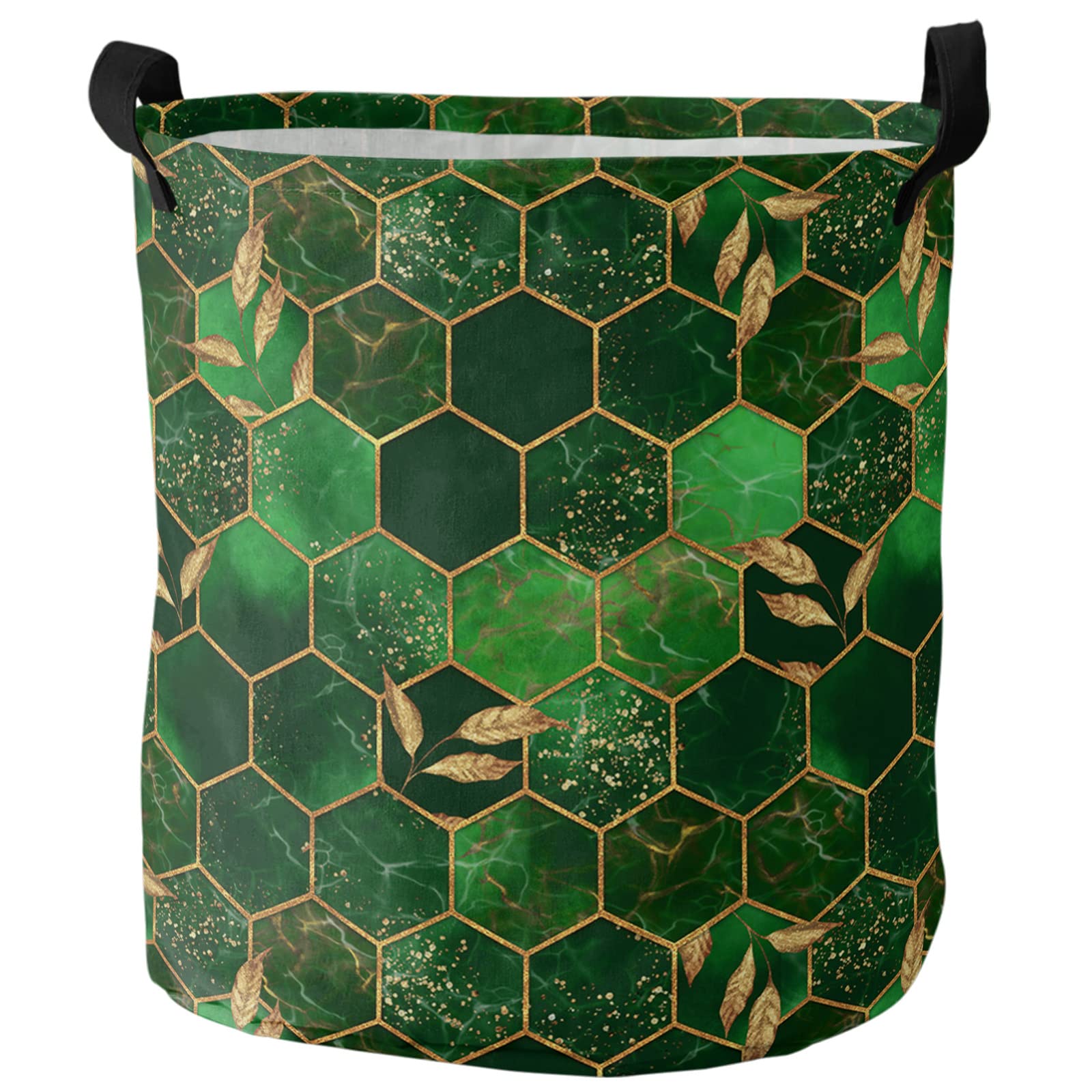 Marble Large Laundry Basket, Collapsible Bag with Easy Carry Handles, Gradient Emerald Green Grid Comb Plaid Waterproof Foldable Freestanding Hamper, Folding Washing Bin Clothes Storage Round