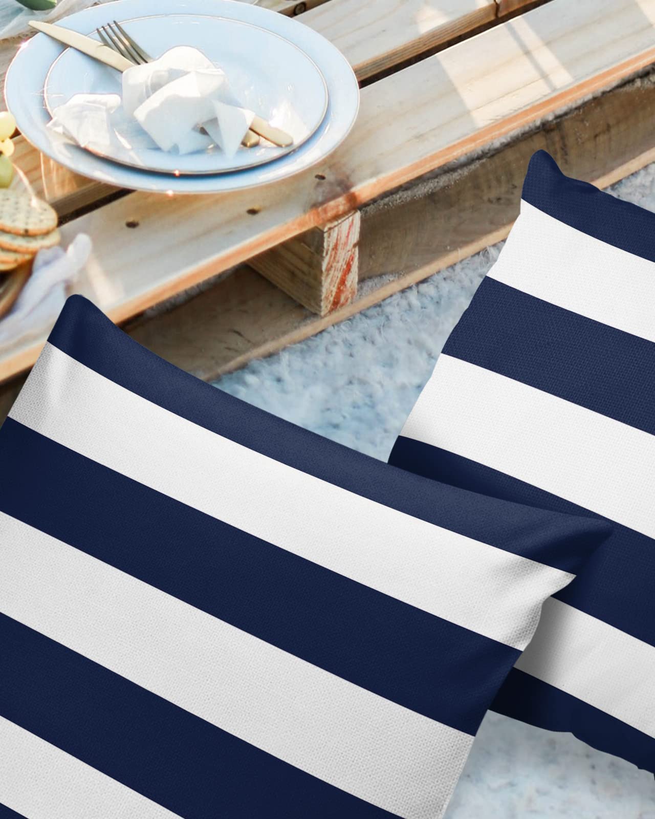 Nautical Stripe Outdoor Waterproof Throw Pillow Covers, Decorative Pillowcases Polyester Cushion Covers for Garden Patio Tent Sofa Couch Pack of 2 16x16 inch, Navy Blue White Stripes