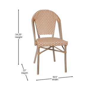 EMMA + OLIVER Colmar Bistro Chair - Natural & White Woven PE Seat and Back - Light Bamboo Finish Aluminum Frame - Set of Two