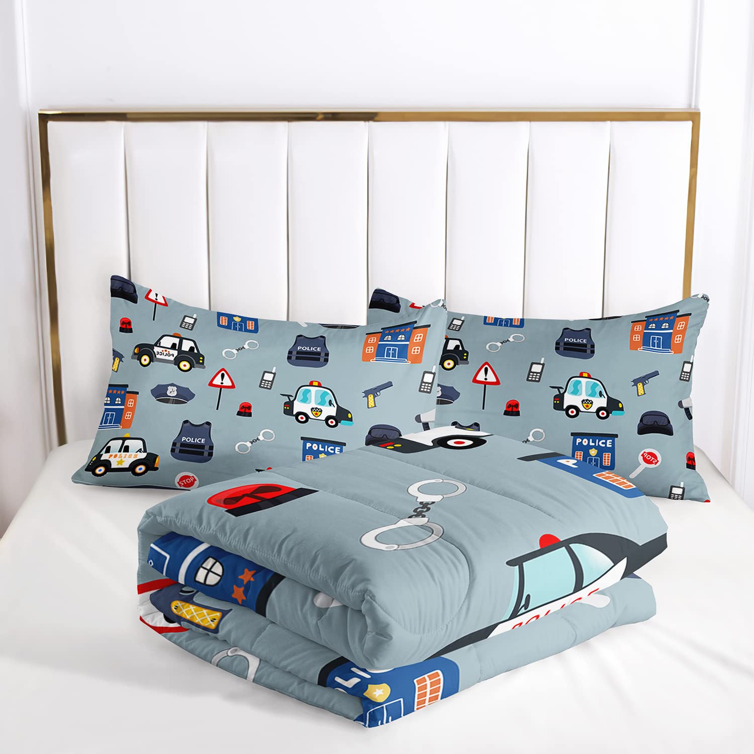 BBchose 3D Cartoon Police Car Bedding Set for Kids，Lovely Police Equipment Ultra Soft All Seasons Comforter Set Kawaii Police Theme Bed Set 1 Comforter 2 Pillowcases (Blue, Twin)