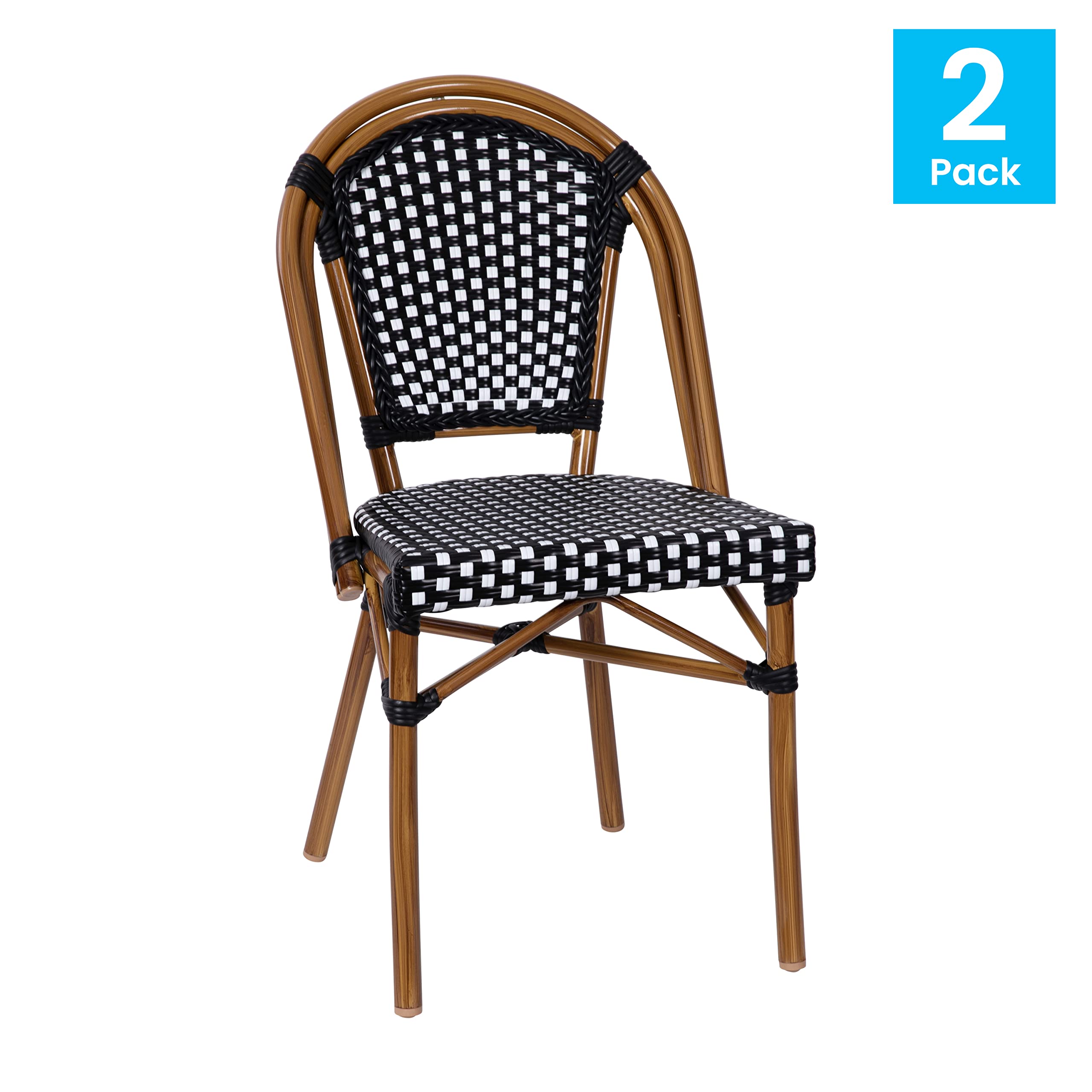 EMMA + OLIVER Soie Bistro Chair - Black & White Woven PE Seat and Back - Bamboo Finish Aluminum Frame - for Indoor/Outdoor Use - Set of Two