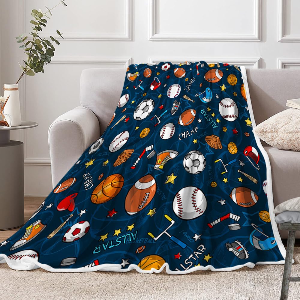 Sports Blanket, Sports Fan Fleece Throw Blanket for Men, Women and Kids, Fleece Basketball Baseball Football Soccer Throw Blanket, Cool Sports Blanket for Boys, Kids, and Children, 60X50 Inch, Blue