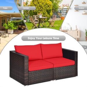 RELAX4LIFE 2-Piece Patio Rattan Loveseat - Sectional Corner Sofa Set w/Removable Cushions & Pillows, All Weather Furniture Set for Porch, Poolside, Balcony, Yard, Outdoor Wicker loveseat (Red)