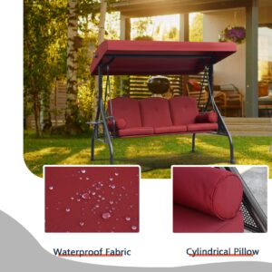 NOBLEMOOD Patio Porch Swing, 3-Seat Outdoor Swing with Adjustable Canopy, Waterproof Fabric Cushion, Pillow and Foldable Side Tray for Patio, Backyard, Porch Swing Bed for Spring