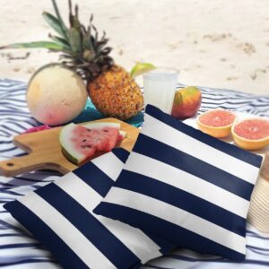 Nautical Stripe Outdoor Waterproof Throw Pillow Covers, Decorative Pillowcases Polyester Cushion Covers for Garden Patio Tent Sofa Couch Pack of 2 16x16 inch, Navy Blue White Stripes