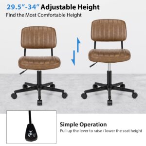 COSTWAY Armless Desk Chair with Wheels, PU Leather Computer Task Chair with Low Back Lumbar Support, Height Adjustable Rolling Home Office Chair for Kids Teens Adults, Brown