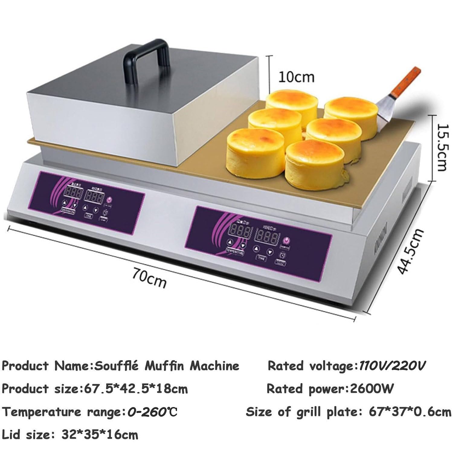 Commercial Souffle Machine Electric Countertop Dorayaki Making Machine Muffin Pancake Dorayaki Souffle Machine Non-Stick Waffle Maker Copper Heating Plates Digital Temp Control 60-240℃,A