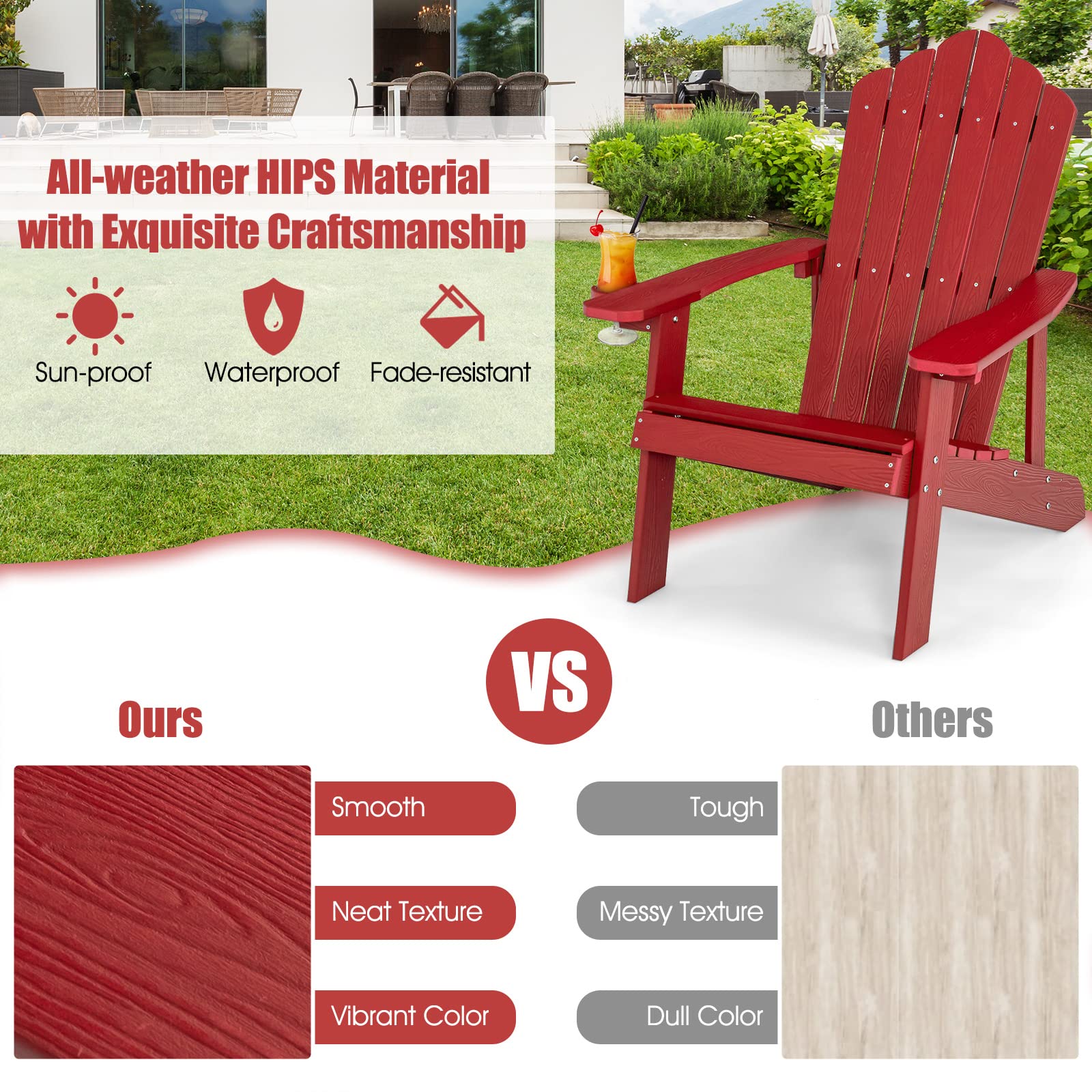 Giantex Outdoor Adirondack Chair - Oversized Patio Chairs w/Hidden Cup Holder, Realistic Wood Grain, 380 LBS Weight Capacity, Weather Resistant Firepit Chairs for Backyard, Garden (4, Red)