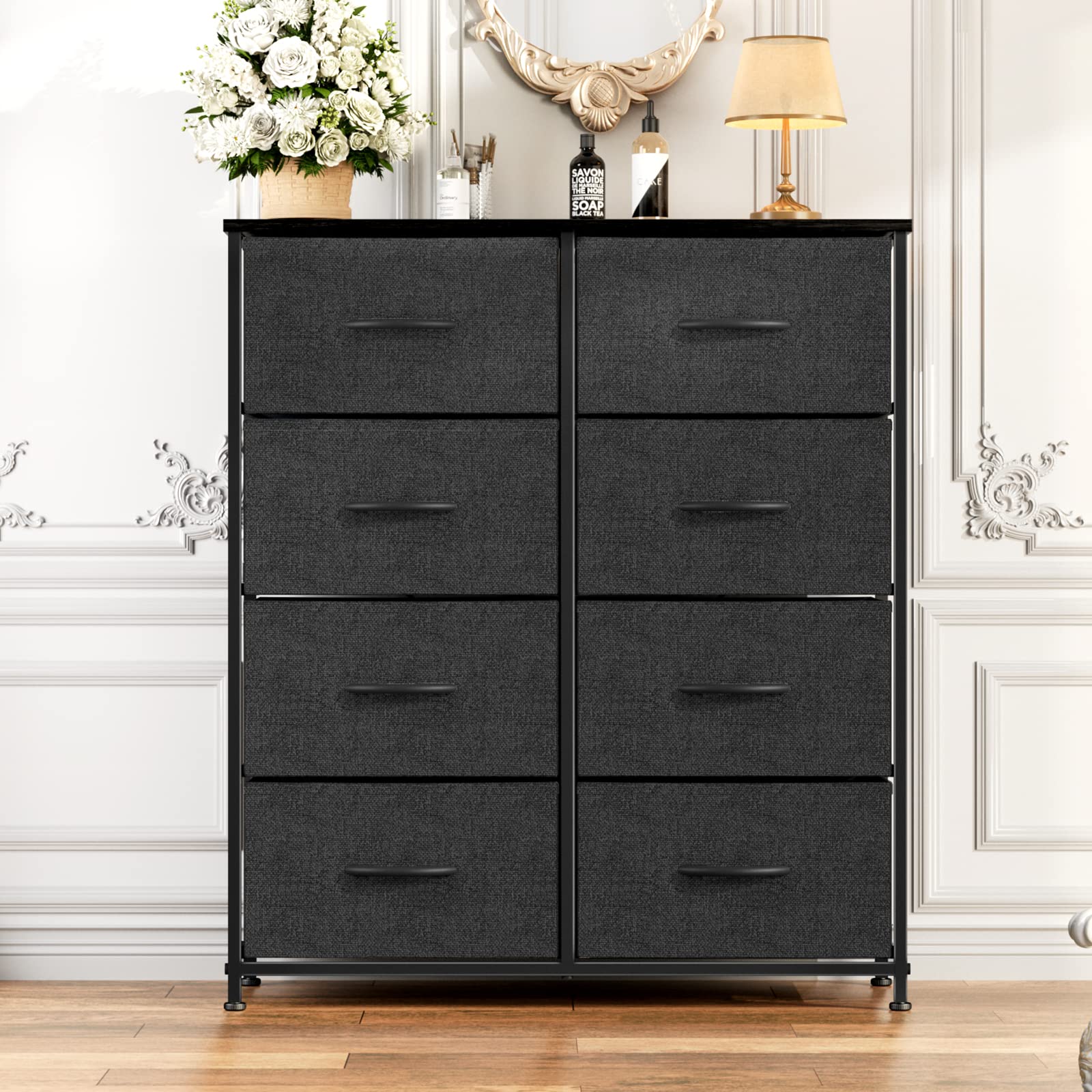 Smug Dresser for Bedroom, Tall Dresser with 8 Drawers, Storage Tower with Fabric Bins, Double Dresser, Wooden Top, Chest of Drawers for Closet, Living Room, Hallway, Children's Room, Black