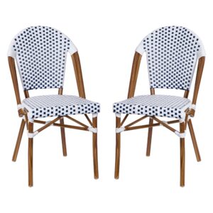 Merrick Lane Celia Bistro Chair - White & Navy Woven PE Seat and Back - Bamboo Finish Aluminum Frame - Set of Two