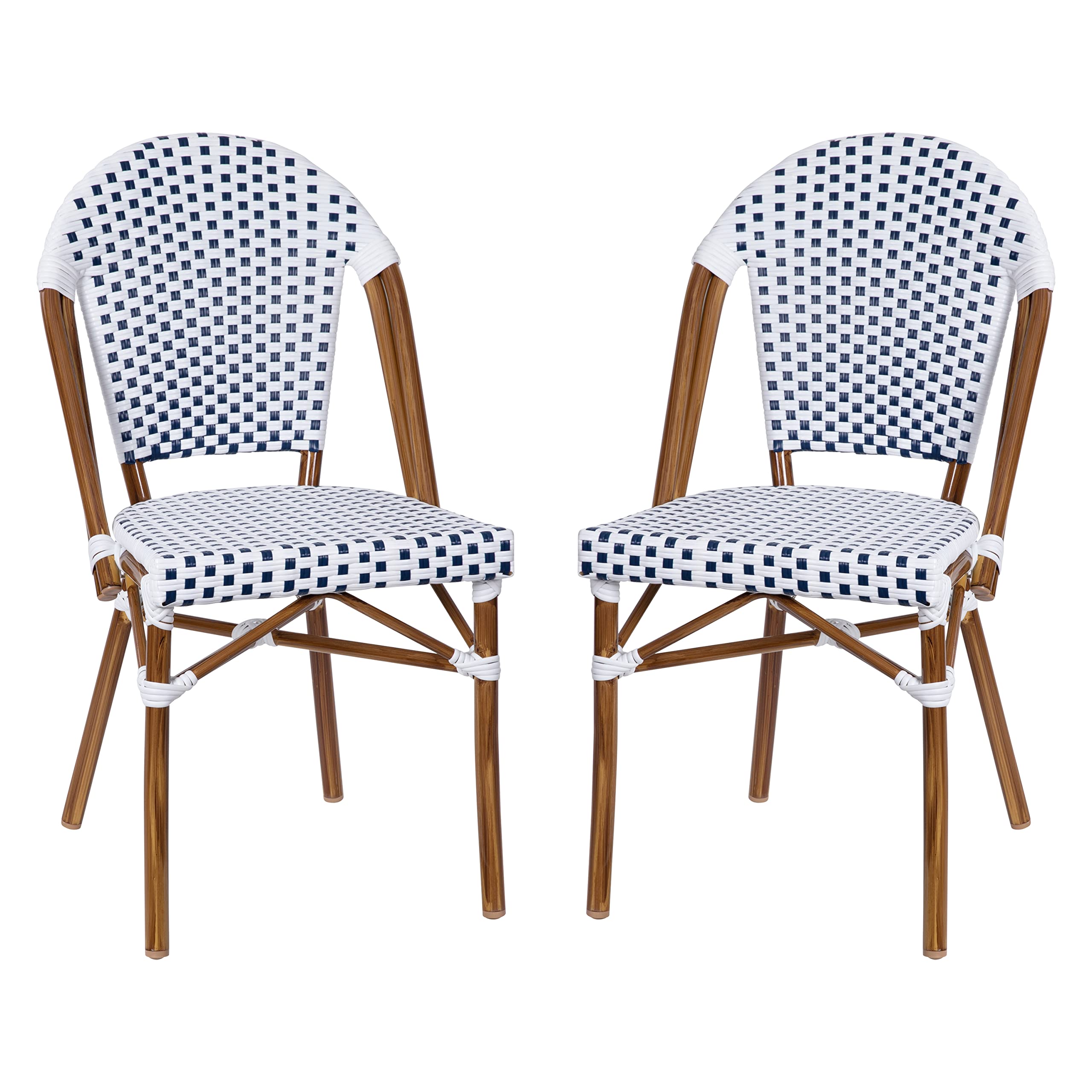 Merrick Lane Celia Bistro Chair - White & Navy Woven PE Seat and Back - Bamboo Finish Aluminum Frame - Set of Two