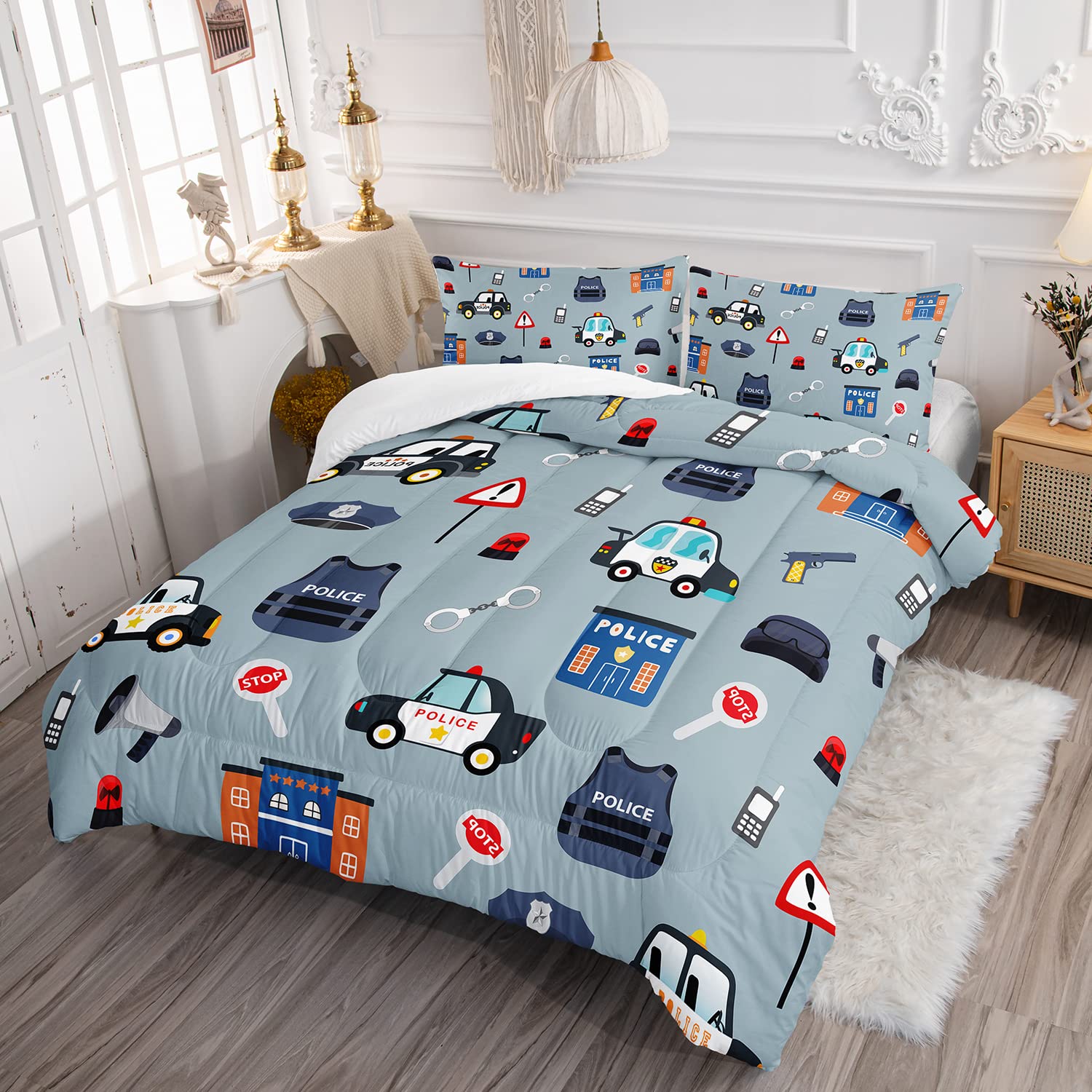 BBchose 3D Cartoon Police Car Bedding Set for Kids，Lovely Police Equipment Ultra Soft All Seasons Comforter Set Kawaii Police Theme Bed Set 1 Comforter 2 Pillowcases (Blue, Twin)