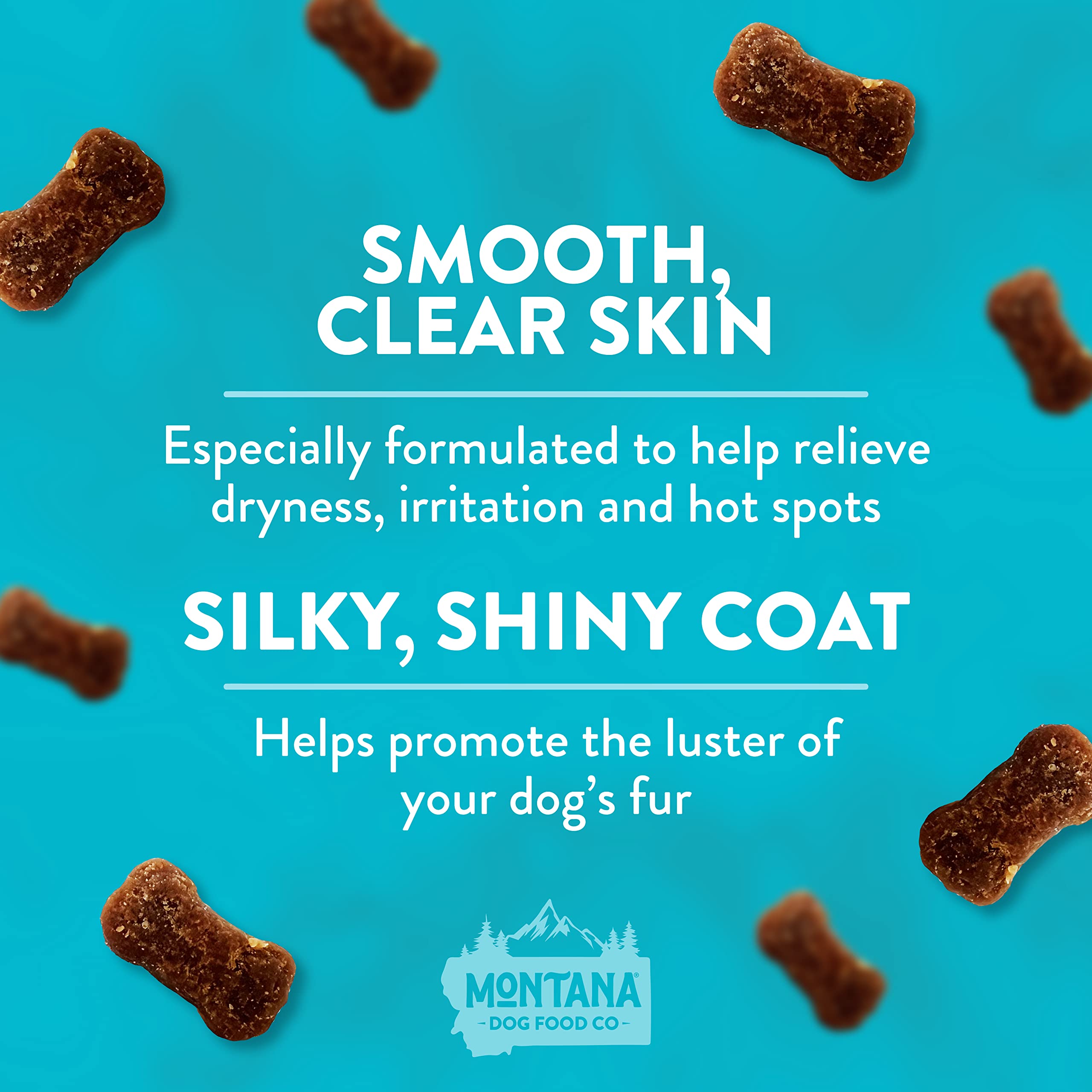 Montana Dog Food Co. Skin & Coat Health Supplement Chews for Dogs – Soothes Dry Itchy Skin with Omega 3 & 6, Biotin & Vitamin E – Promotes Shiny Coat & Healthy Skin –USA-Made, 70 Soft Chews