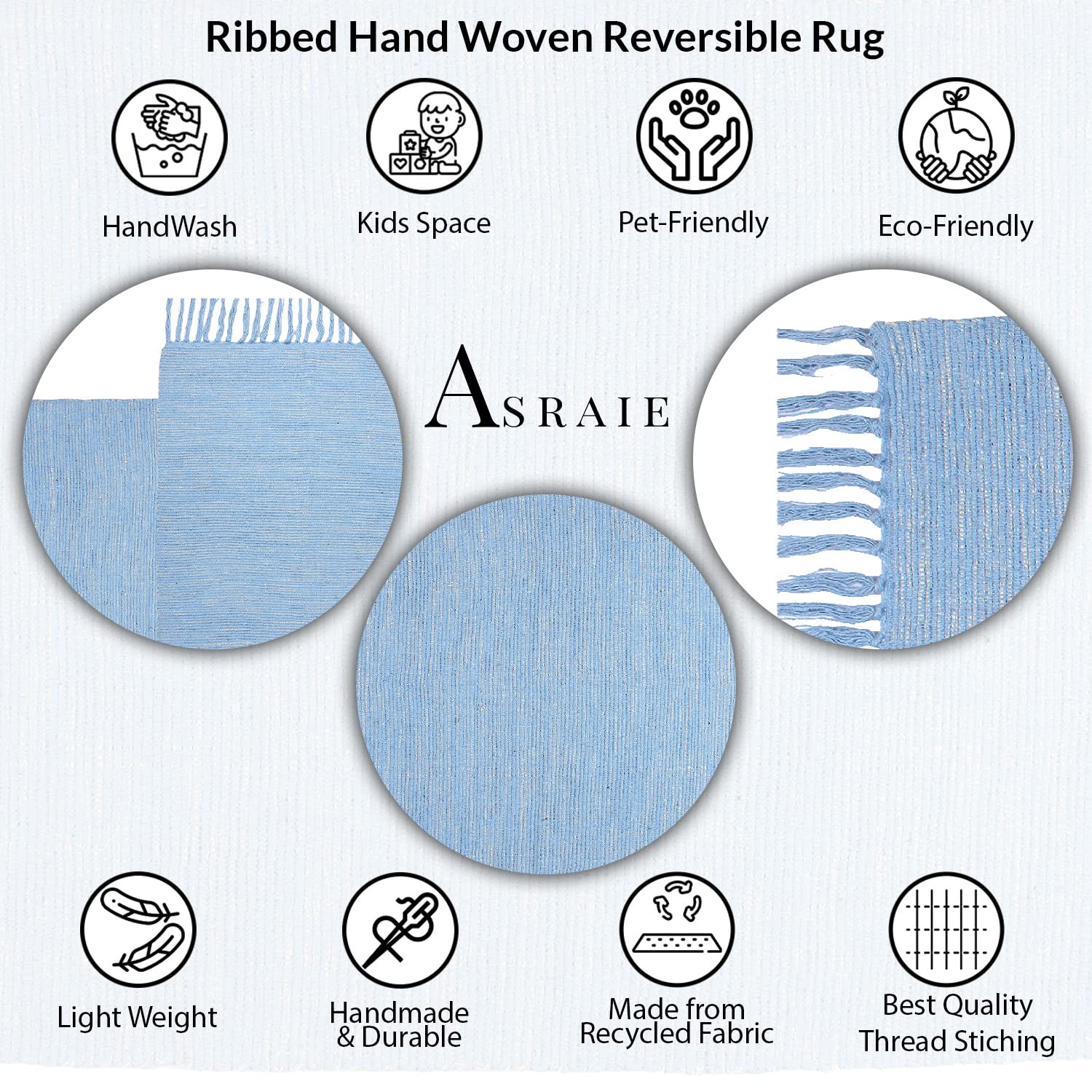 Asraie Boho Eco Friendly Hand Woven & Reversible Cotton Ribbed Rag Rug 100% Recycled Cotton Area Rug for Living Room Kitchen Entryway 2x3' (Sky Blue)