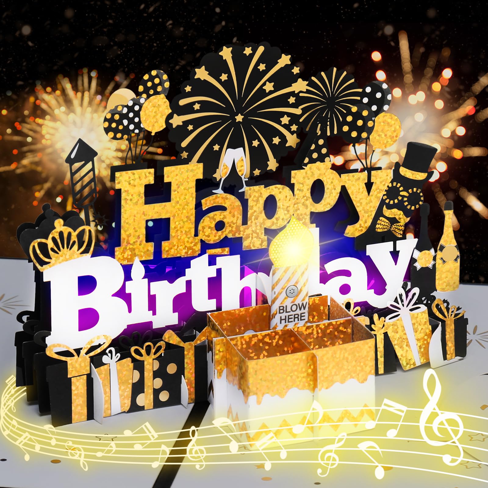 Birthday Card, Musical Birthday Cards Play Happy Birthday Song once Open the 3D Pop Up Card Blow out LED Candlelight and Say Happy Birthday Birthday Gift card for Men, Women, Mom, Dad, Husband, Wife