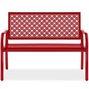 best choice products outdoor bench 2-person metal steel benches furniture for garden, patio, porch, entryway w/geometric backrest, 790lb capacity - rose red