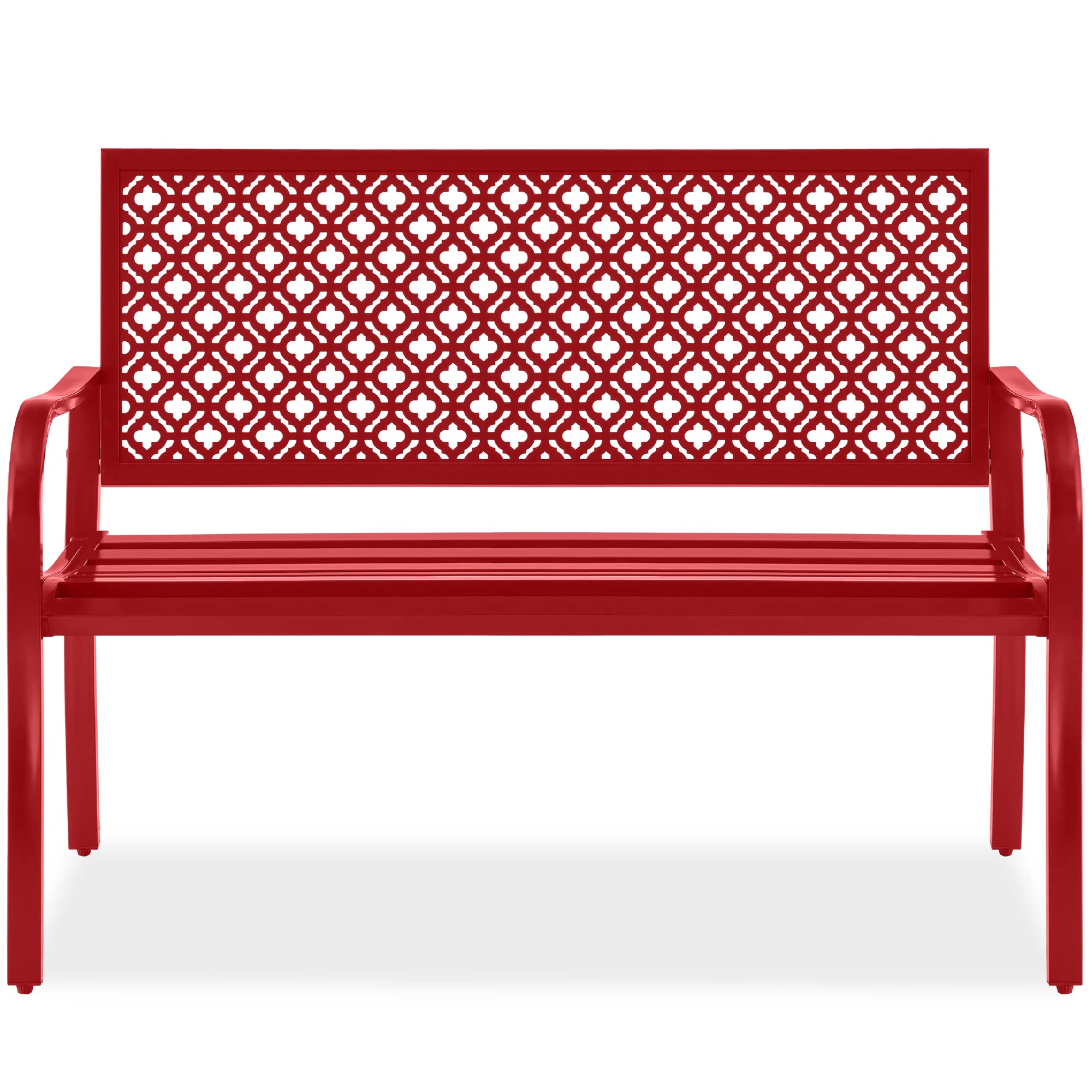 Best Choice Products Outdoor Bench 2-Person Metal Steel Benches Furniture for Garden, Patio, Porch, Entryway w/Geometric Backrest, 790lb Capacity - Rose Red