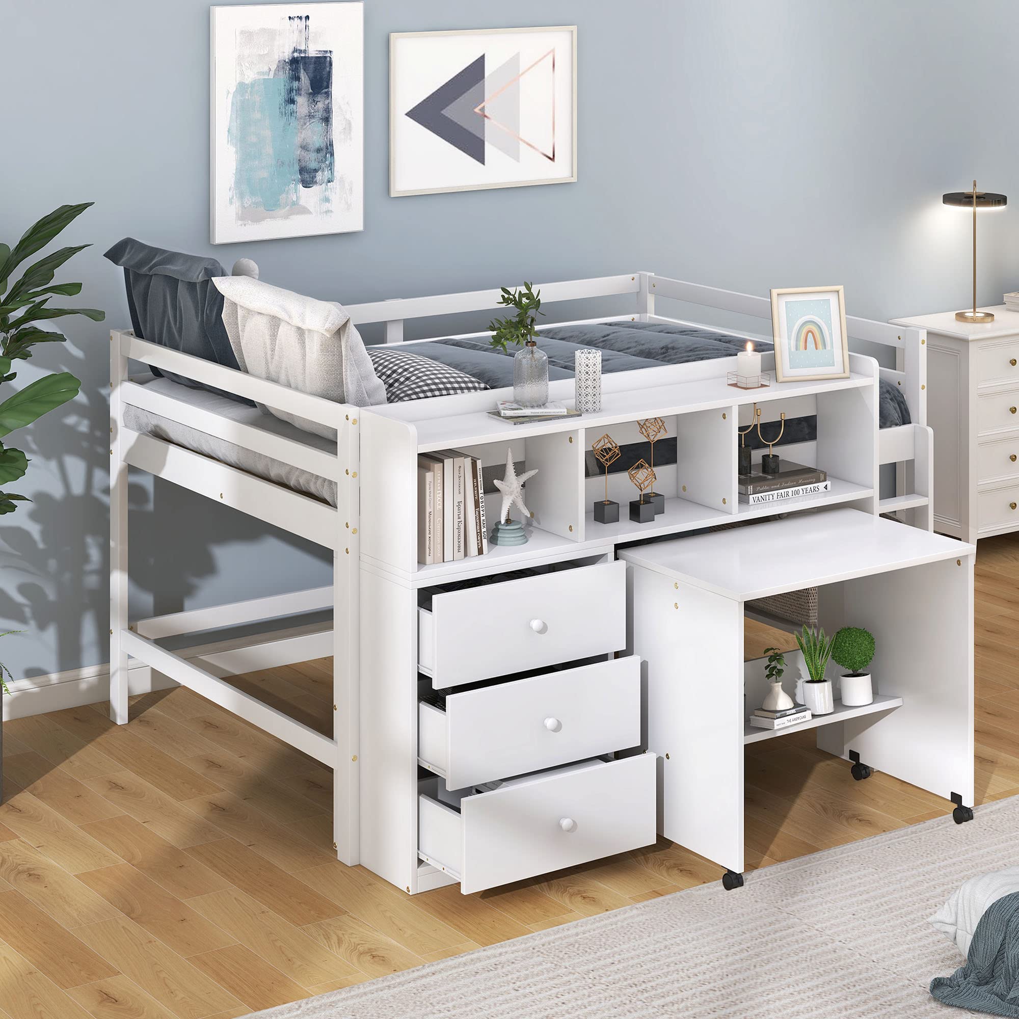 Bellemave Full Size Loft Bed with Rolling Portable Desk Solid Wood Loft Beds with Storage Shelves & Drawers, Low Loft Bed for Kids, Boys and Girls, Teens, No Box Spring Needed (White)