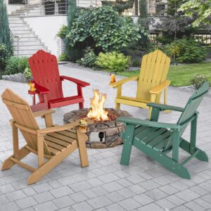 Giantex Outdoor Adirondack Chair - Oversized Patio Chairs w/Hidden Cup Holder, Realistic Wood Grain, 380 LBS Weight Capacity, Weather Resistant Firepit Chairs for Backyard, Garden (4, Red)