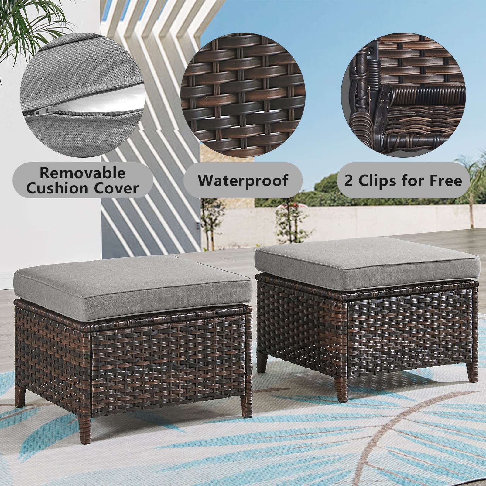 Outdoor Furniture Ottoman Set of 2 Patio Seating Footstool All-Weather Rattan Wicker Ottoman Seat with Soft Cushions for Patio Furniture Set