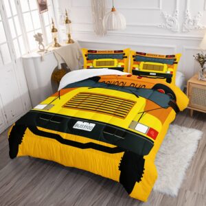 BBchose 3D Cartoon School Bus Bedding Set for Kids，Funny School Bus Ultra Soft All Seasons Comforter Set Cool Car Theme Bed Set 1 Comforter 2 Pillowcases (Queen)