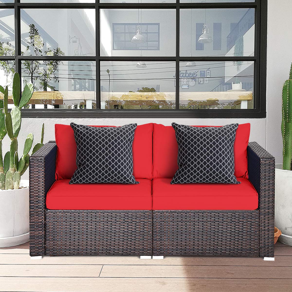 RELAX4LIFE 2-Piece Patio Rattan Loveseat - Sectional Corner Sofa Set w/Removable Cushions & Pillows, All Weather Furniture Set for Porch, Poolside, Balcony, Yard, Outdoor Wicker loveseat (Red)