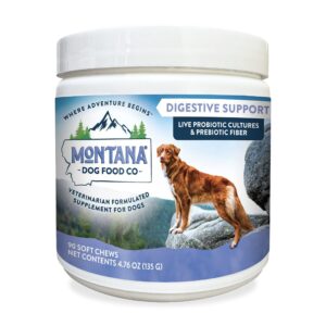 montana dog food co. digestive health supplement for dogs – savory duck soft chew with prebiotics and probiotics, – supports gut flora & intestinal well-being – vet formulated, usa-made, 90 soft chews