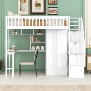 Quarte Multifunctional Wooden Twin Size Loft Bed with Built-in Desk,Bookshelf and Wardrobe,Drawers and Storage Stairs,for Kids Boys Girls Teens Adults Bedroom (White@r)