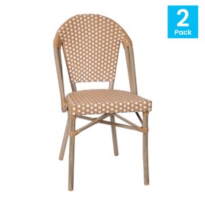 EMMA + OLIVER Colmar Bistro Chair - Natural & White Woven PE Seat and Back - Light Bamboo Finish Aluminum Frame - Set of Two