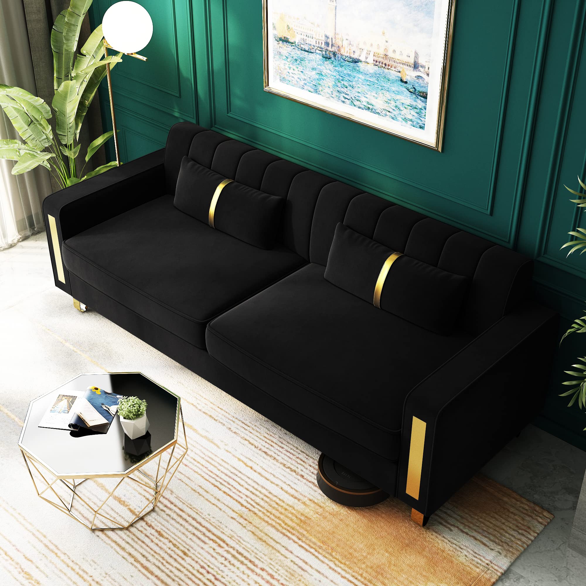 ANTTYBALE Couch 85.62" 3 Seats Sectional Velvet Fabric Sofa Easy Assemble Sofa Bed with 2 Couch Pillows,Gold Metal Legs for Living Room (P17, Black)