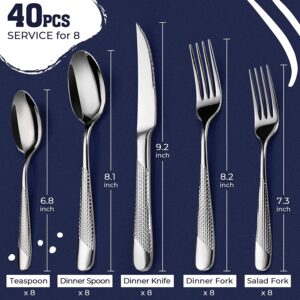 Hammered Silverware Set, 40-Piece Stainless Steel Flatware Set for 8, Modern Kitchen Utensils Tableware Set Includes Dinner Knives/Forks/Spoons,Mirror Polished Dishwasher Safe