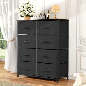 Smug Dresser for Bedroom, Tall Dresser with 8 Drawers, Storage Tower with Fabric Bins, Double Dresser, Wooden Top, Chest of Drawers for Closet, Living Room, Hallway, Children's Room, Black