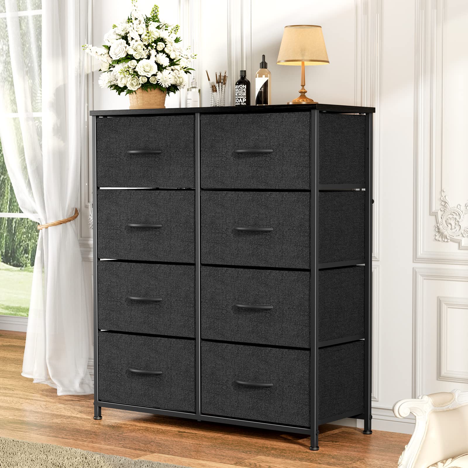 Smug Dresser for Bedroom, Tall Dresser with 8 Drawers, Storage Tower with Fabric Bins, Double Dresser, Wooden Top, Chest of Drawers for Closet, Living Room, Hallway, Children's Room, Black