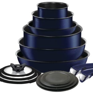 T-fal Ingenio Expertise Non Stick Cookware Set 14 Piece, Induction Oven Broiler Safe 500F, Detachable/ Removable Handle, Kitchen, Pots and Pans, RV, Camping, Fry Pans, Saucepans, Dishwasher Safe, Blue