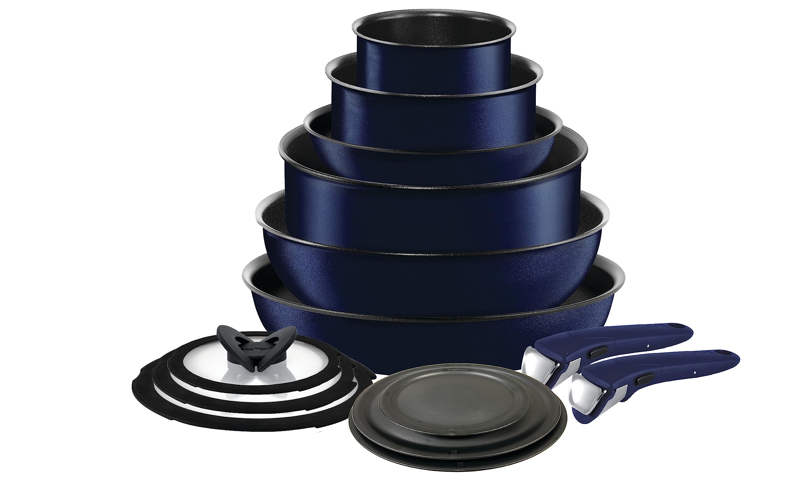 T-fal Ingenio Expertise Non Stick Cookware Set 14 Piece, Induction Oven Broiler Safe 500F, Detachable/ Removable Handle, Kitchen, Pots and Pans, RV, Camping, Fry Pans, Saucepans, Dishwasher Safe, Blue