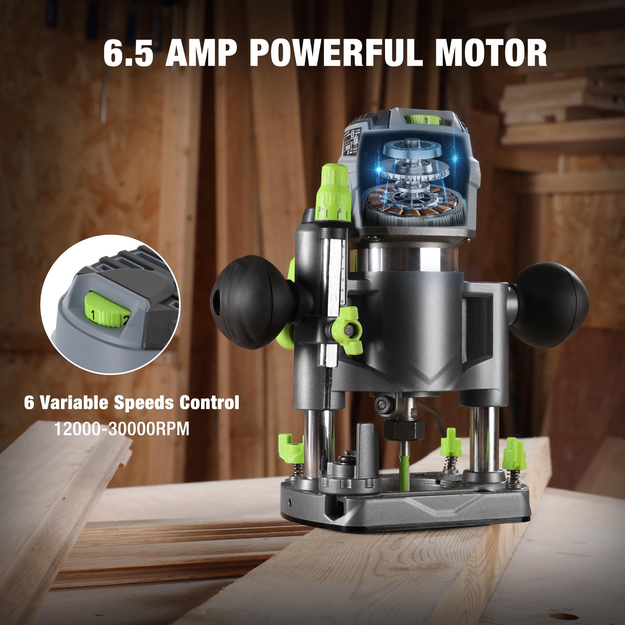 WORKPRO Compact Router Combo Kit, 6.5 Amp Compact Router Fixed Base & Plunge Router for Woodworking Slotting Trimming, 6 Variable Speeds to 32000 RPM