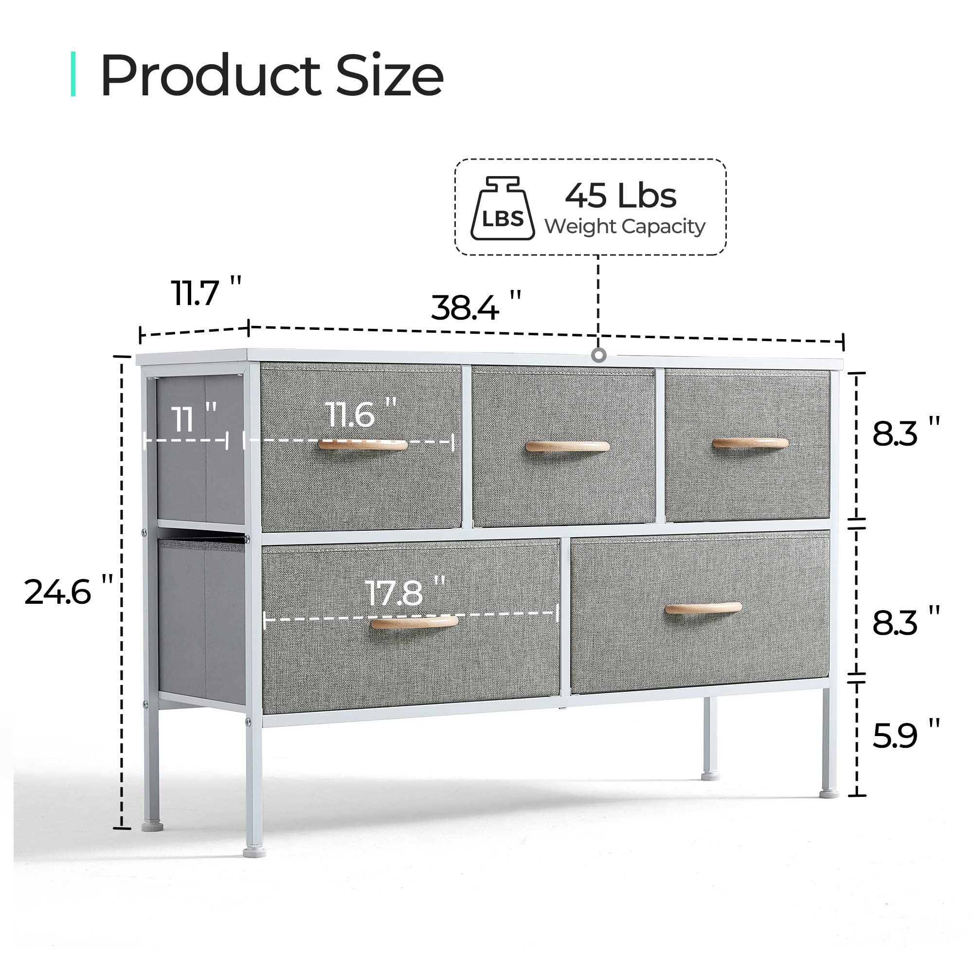 LINSY HOME Dresser for Bedroom with 5 Drawers, Fabric Long Dresser, Wide Chest of Drawers, Storage Organizer Unit for Closet, Living Room, Hallway, Nursery