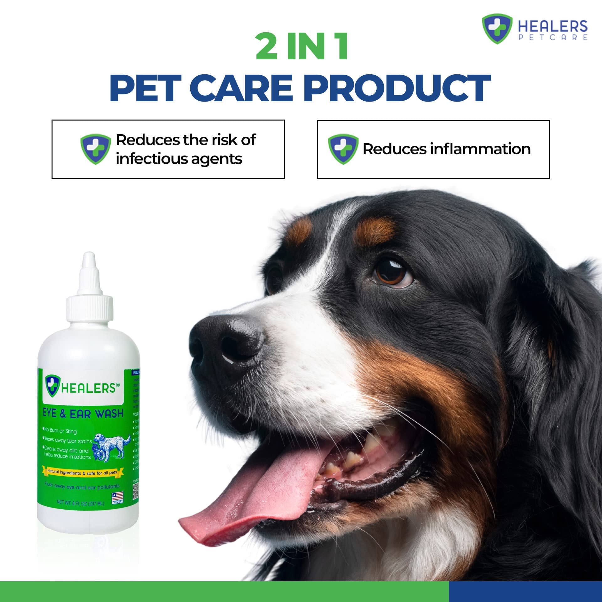 HEALERS PetCare 2 in 1 Eye & Ear Wash - Rapid Healing of Cuts, Burns - All Natural & Anti- Inflammatory- Reduces Redness - 8oz - for All Dogs & Cats. (8oz)