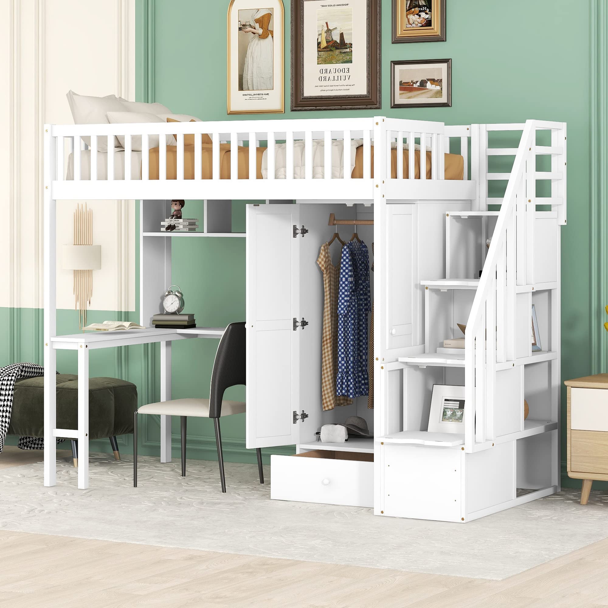 Quarte Multifunctional Wooden Twin Size Loft Bed with Built-in Desk,Bookshelf and Wardrobe,Drawers and Storage Stairs,for Kids Boys Girls Teens Adults Bedroom (White@r)