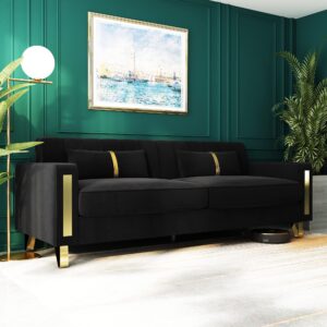 ANTTYBALE Couch 85.62" 3 Seats Sectional Velvet Fabric Sofa Easy Assemble Sofa Bed with 2 Couch Pillows,Gold Metal Legs for Living Room (P17, Black)