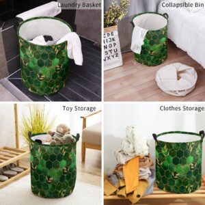 Marble Large Laundry Basket, Collapsible Bag with Easy Carry Handles, Gradient Emerald Green Grid Comb Plaid Waterproof Foldable Freestanding Hamper, Folding Washing Bin Clothes Storage Round