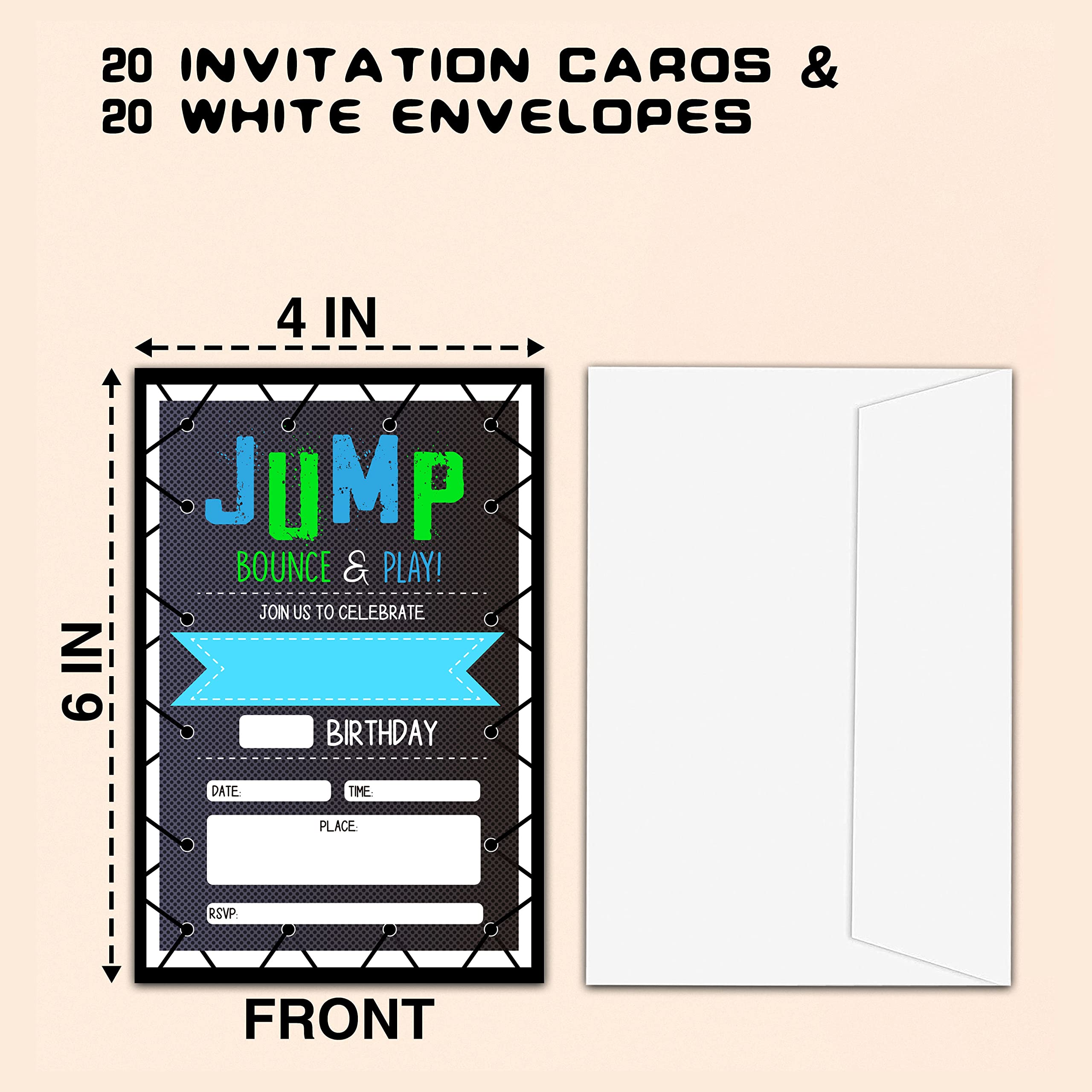 CLIRBE Trampoline Jump Birthday Party Invitations, Bounce House Birthday Invitations For Boys Girls, Kids Birthday Invites, Theme Birthday Party Decorations, 20 Invitations with 20 Envelopes - B02