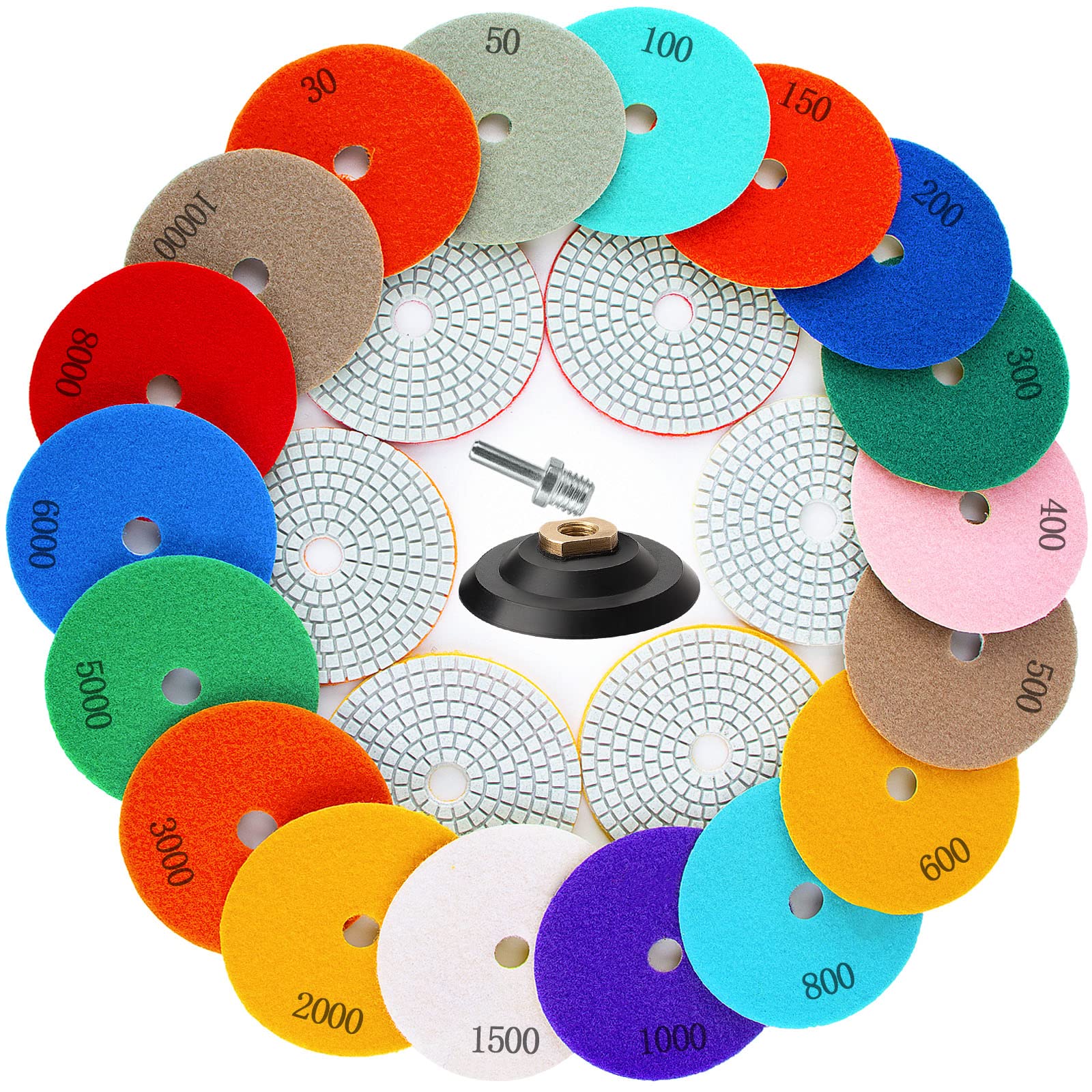 AMZKONIG 20 Pack 4 Inch Diamond Polishing Pads with 5/8’’-11 Backer Pad, 18PCS Wet/Dry Polish Pad Kit for Drill Grinder Polisher, 30-10000 Grit Polishing Pad for Granite Marble Concrete Stone Quartz