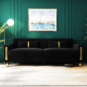 ANTTYBALE Couch 85.62" 3 Seats Sectional Velvet Fabric Sofa Easy Assemble Sofa Bed with 2 Couch Pillows,Gold Metal Legs for Living Room (P17, Black)